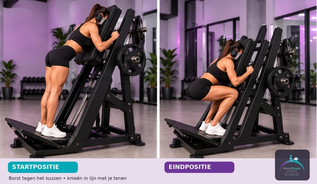 Hack Squat – Front Squat: startpositie links en eindpositie rechts