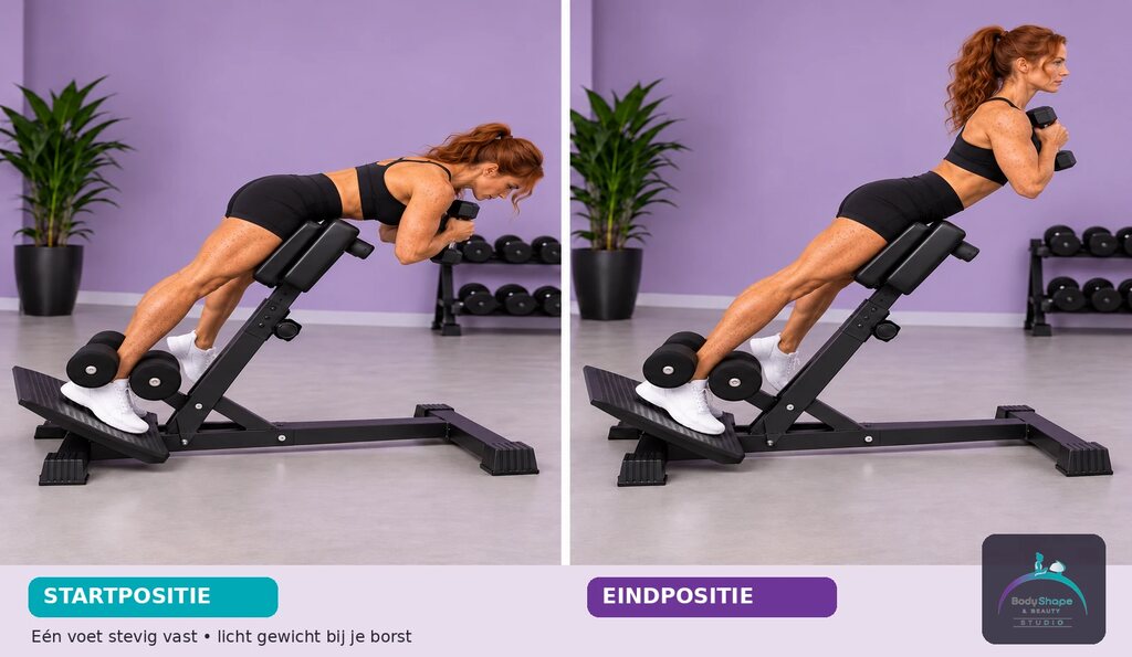 Hyperextension – glute focus met één been (met gewicht): startpositie links en eindpositie rechts