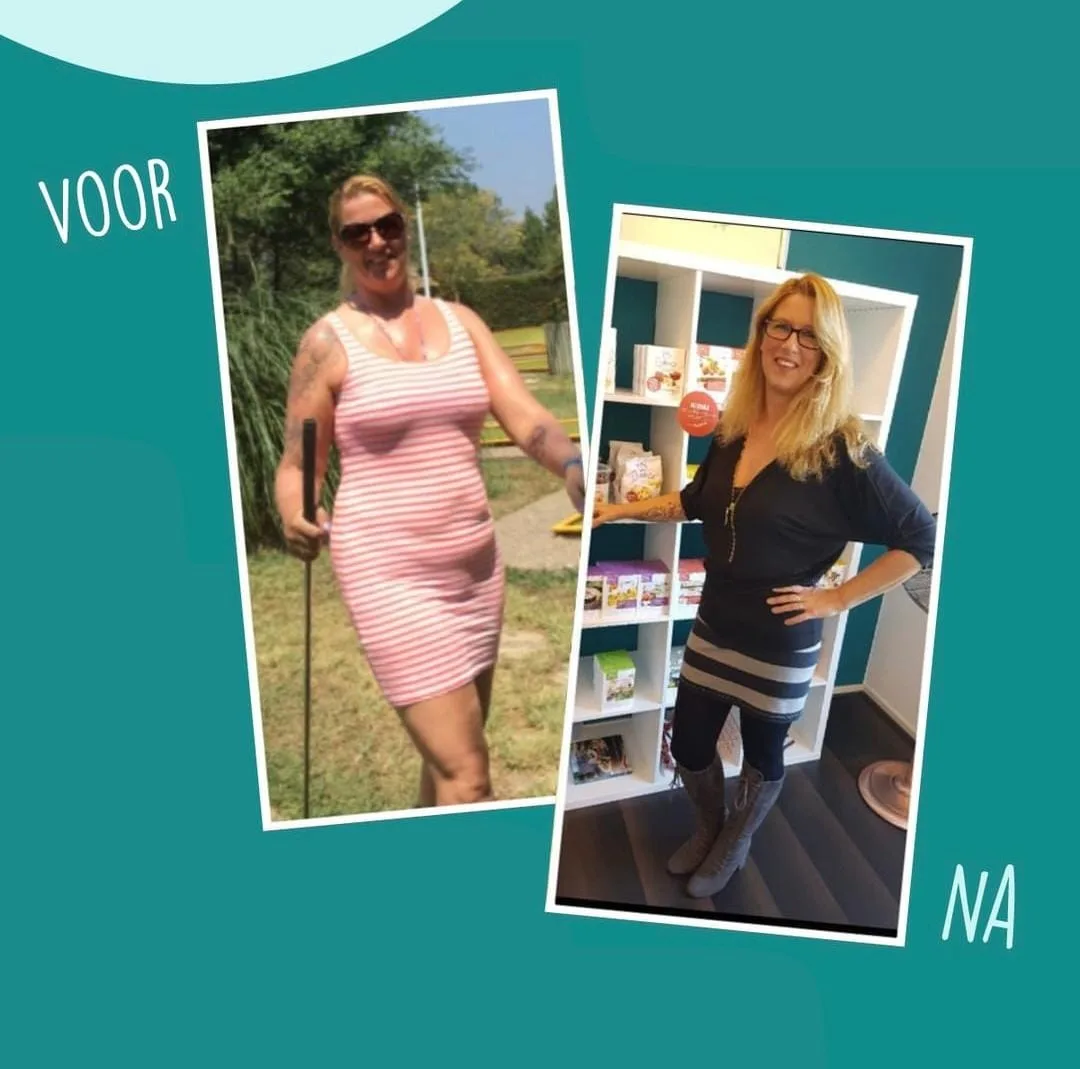 Voor-en-nafoto van Aukje na haar persoonlijke voedings- en trainingstraject